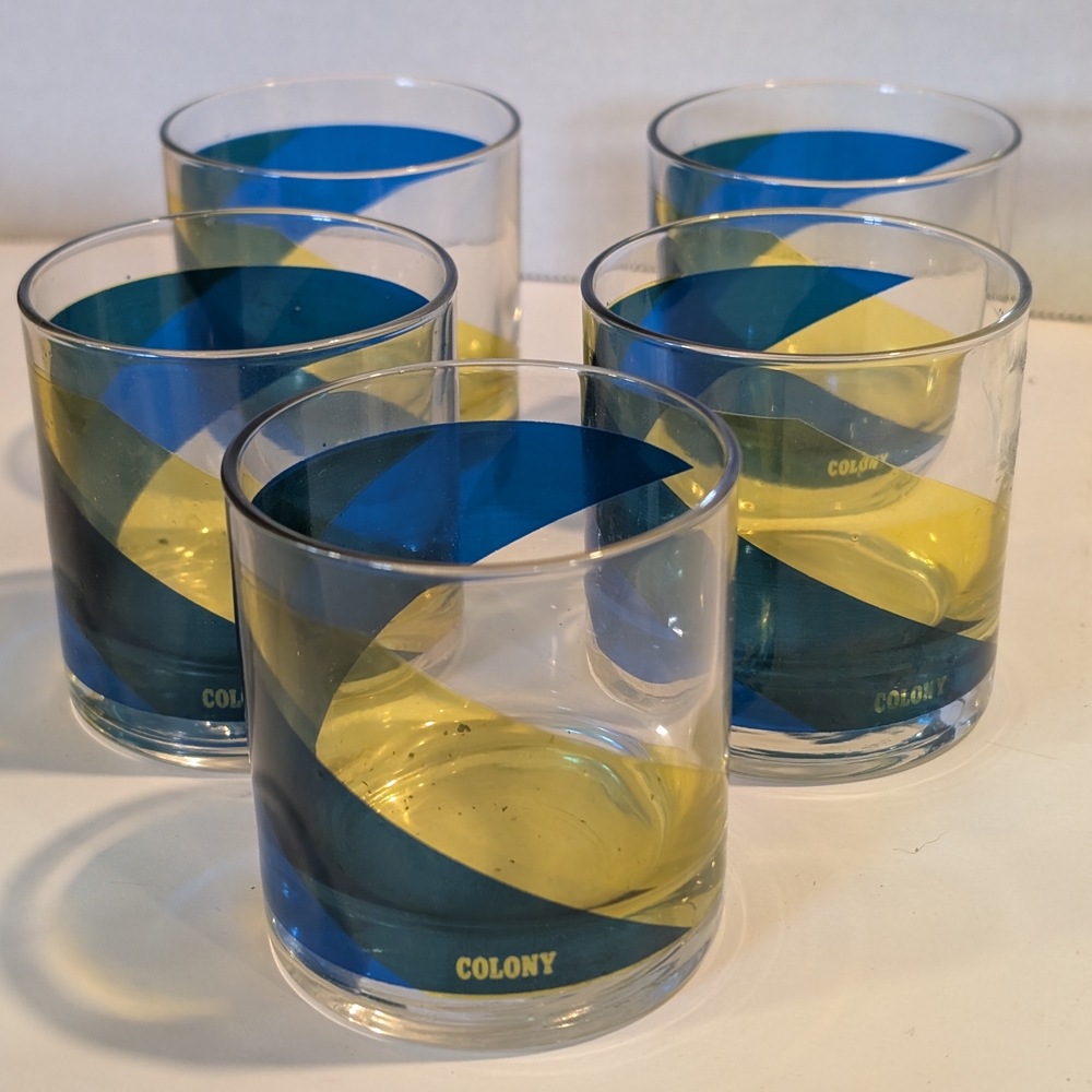 5 Colony Blue and Yellow Mid Century Modern Glasses Set.